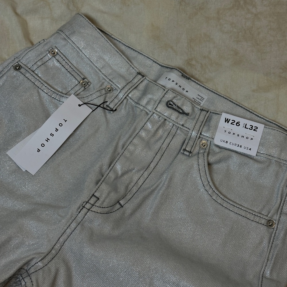 Metallic silver sparkly denim Topshop straight jeans